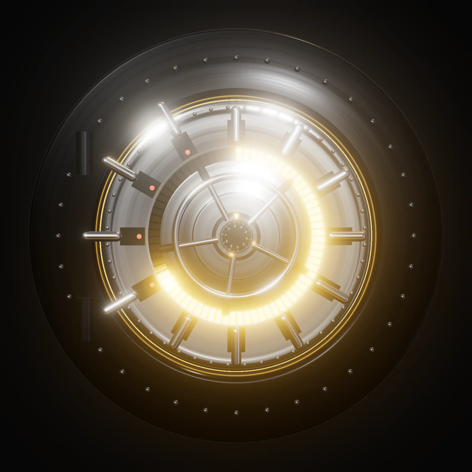 The HEIST vault door: twelve steel bolts around a gold-lit ring, with a spoked wheel and a combination dial in the middle.
